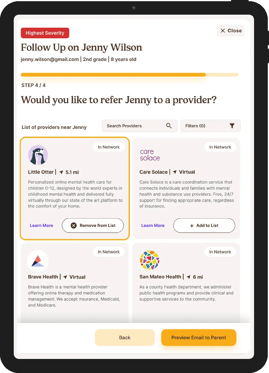 Maro follow-up screen on a tablet