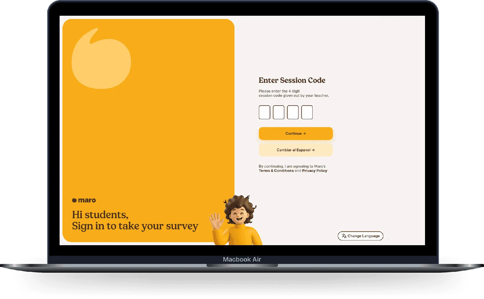 The Maro student sign-in screen on a laptop, where students enter a session code to begin their survey