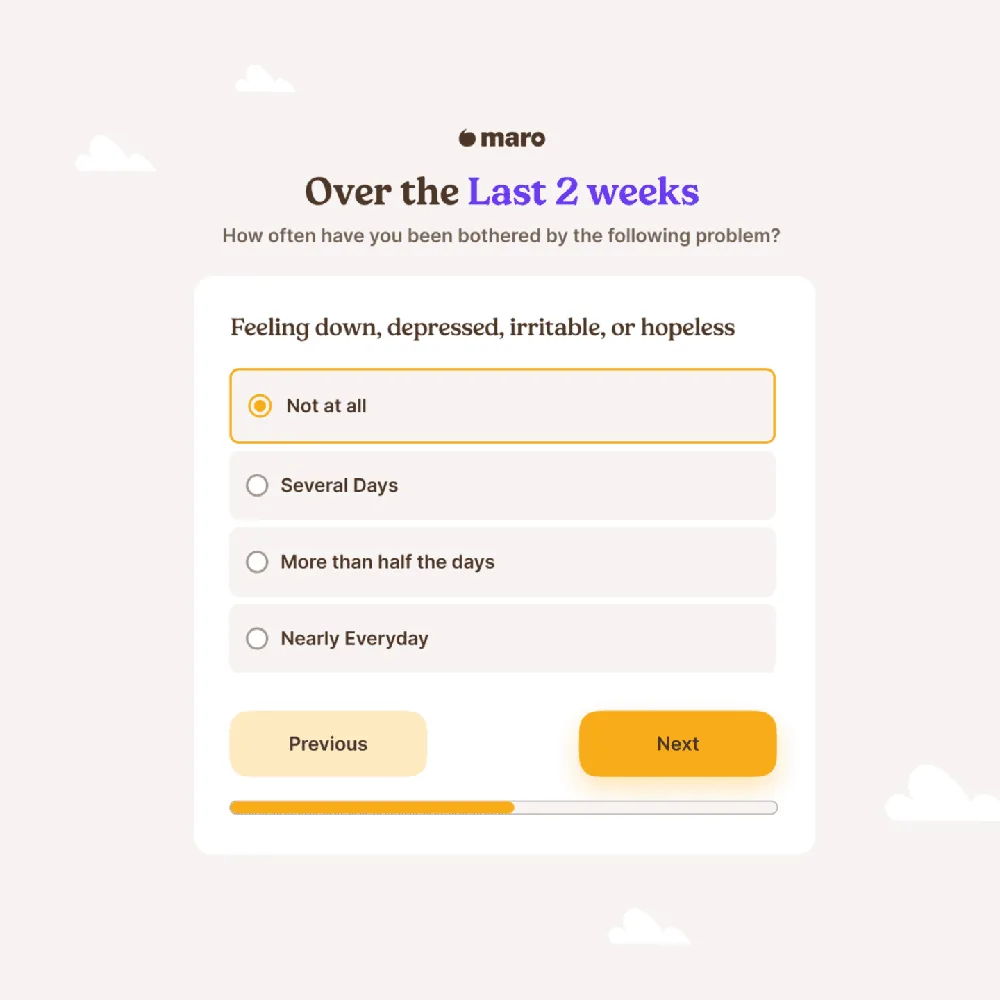 A Maro screening question asking how often a student has felt down over the last two weeks